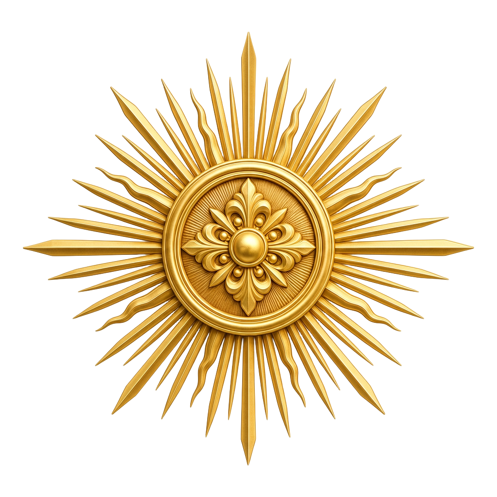 Golden sunburst emblem logo with ornate floral centre