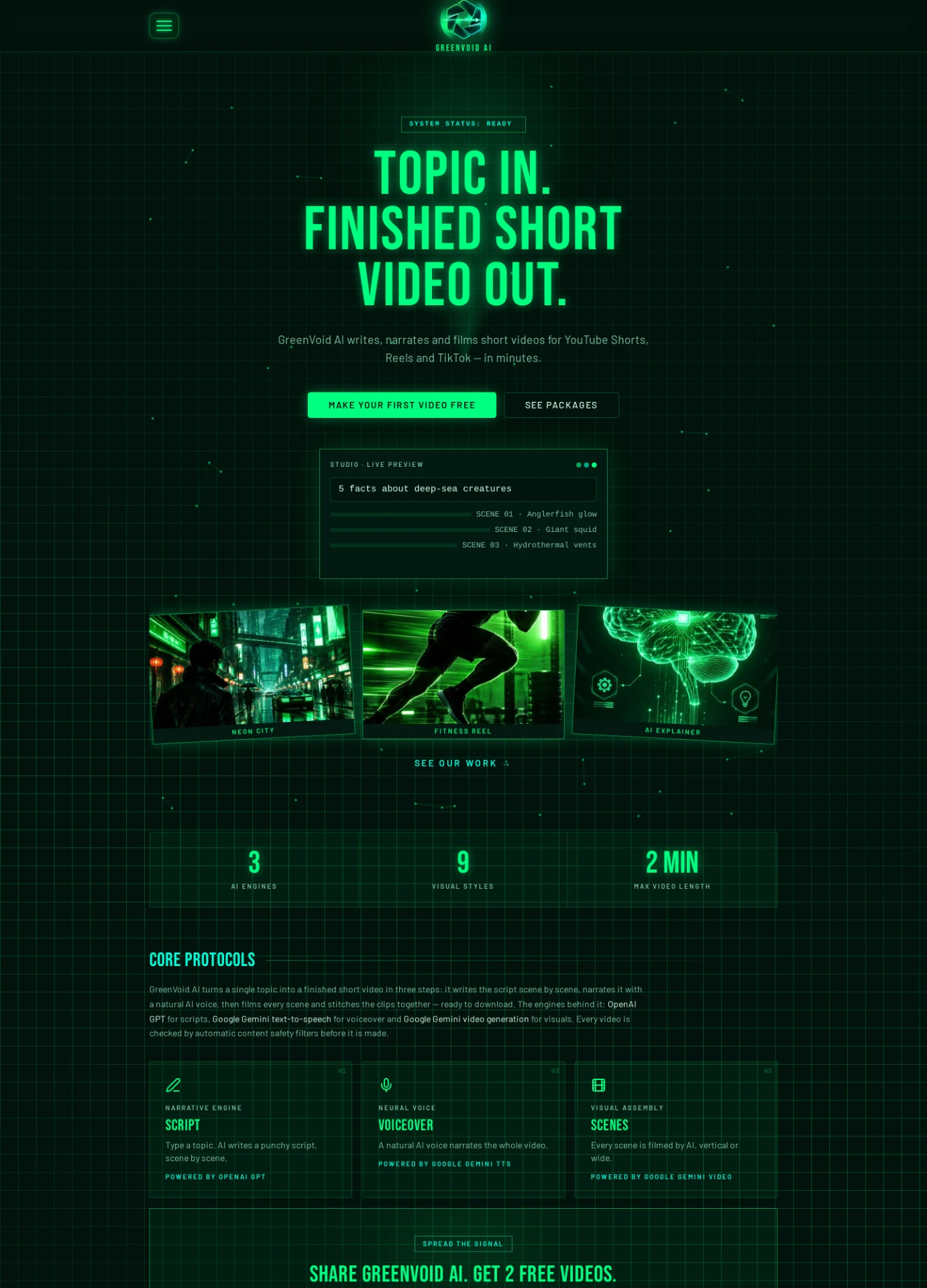 GreenVoid AI homepage — topic in, finished short video out