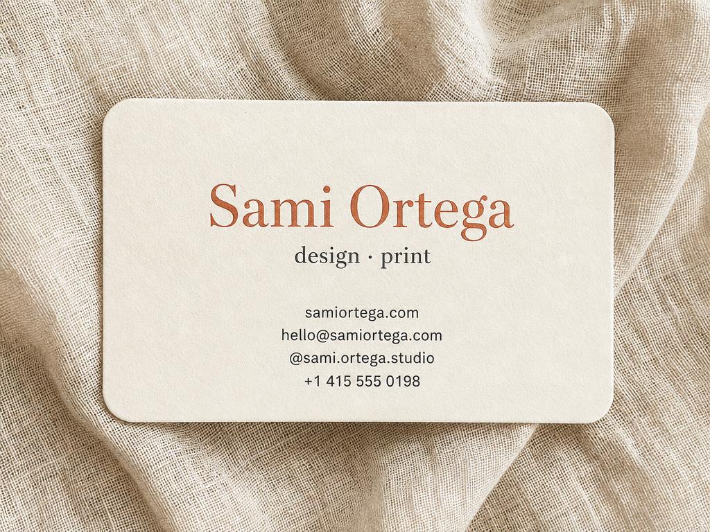 Rounded corner business card on cream linen with terracotta serif name
