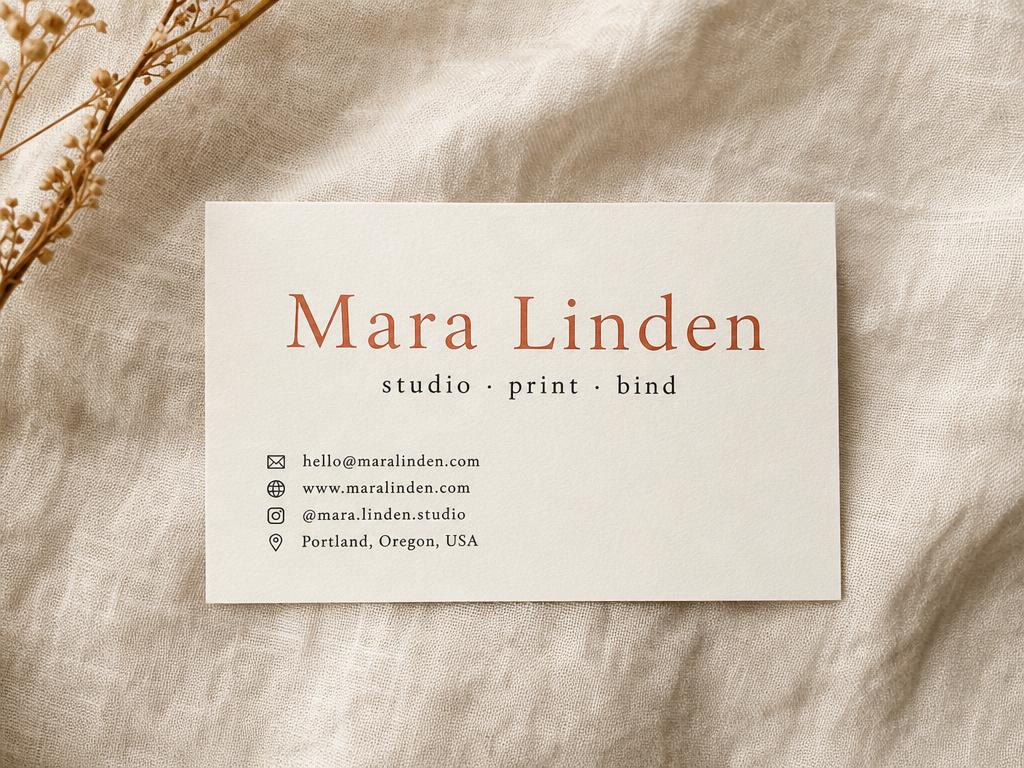 Standard rectangle business card 85 by 55 mm on cream linen with terracotta serif name