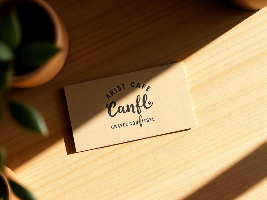 Kraft paper business card with hand-lettered café branding on a wooden table
