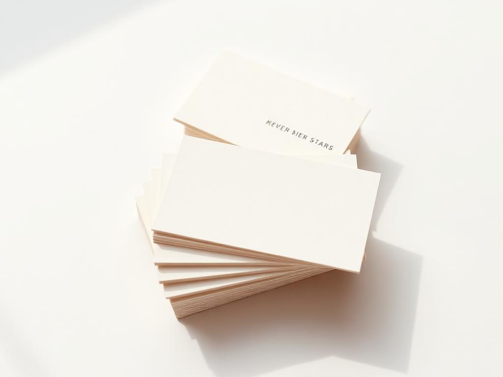 Stack of minimal monochrome business cards with small sans-serif type