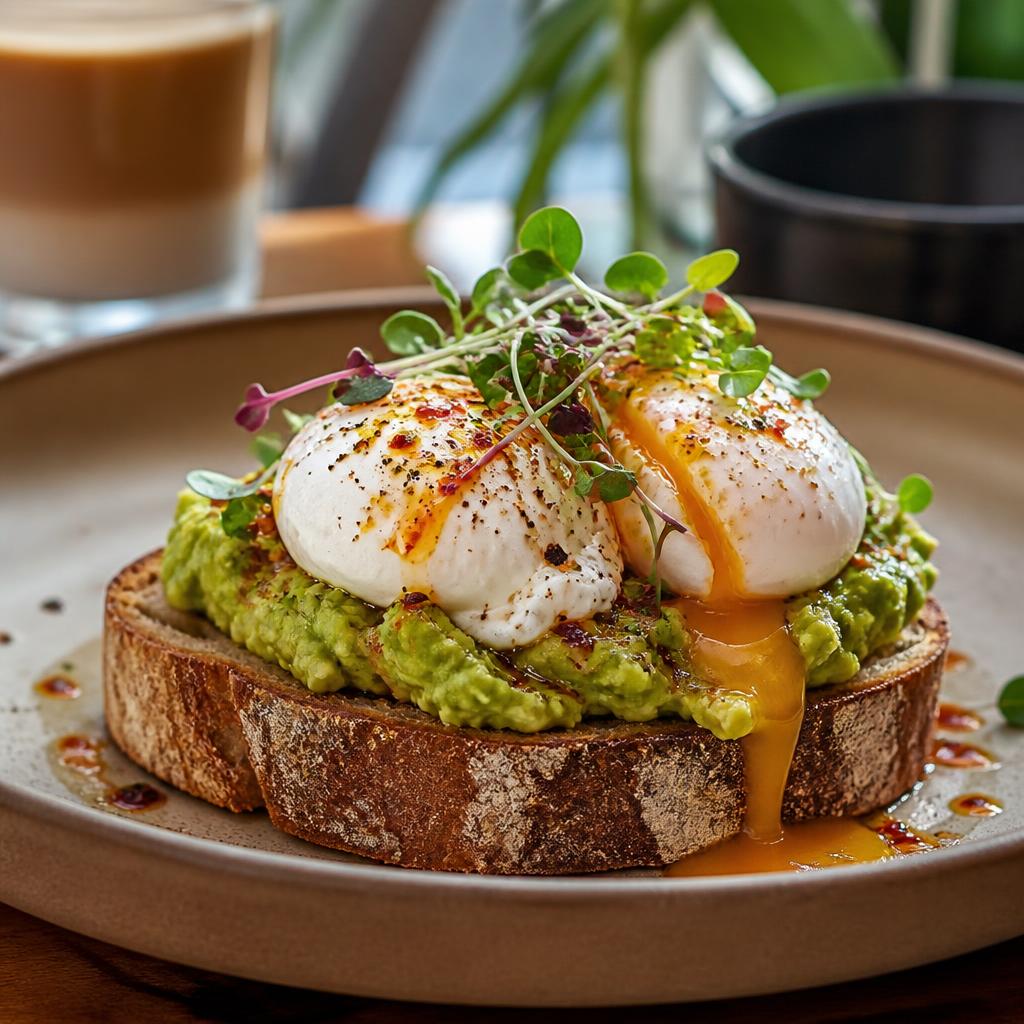 Poached eggs on sourdough with avocado and chili oil