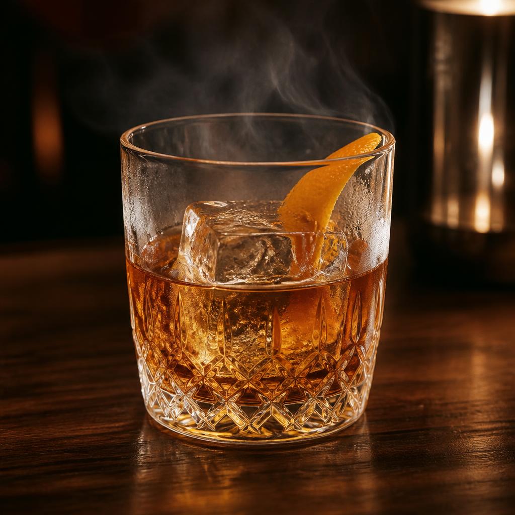 Smoked old fashioned cocktail with large ice cube