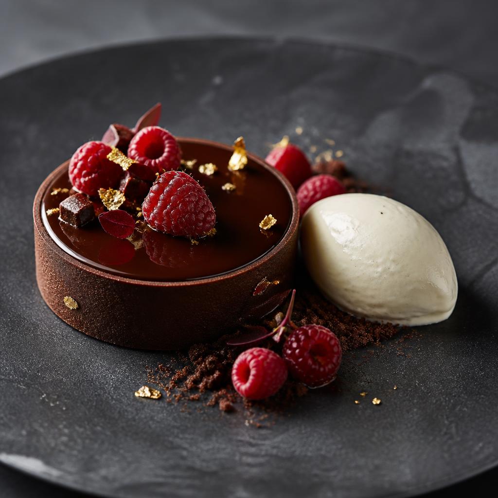 Chocolate ganache tart with gold leaf and raspberries