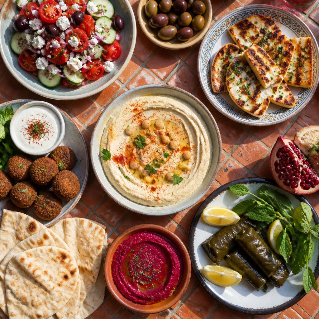 Flat lay of Middle Eastern mezze with hummus and falafel