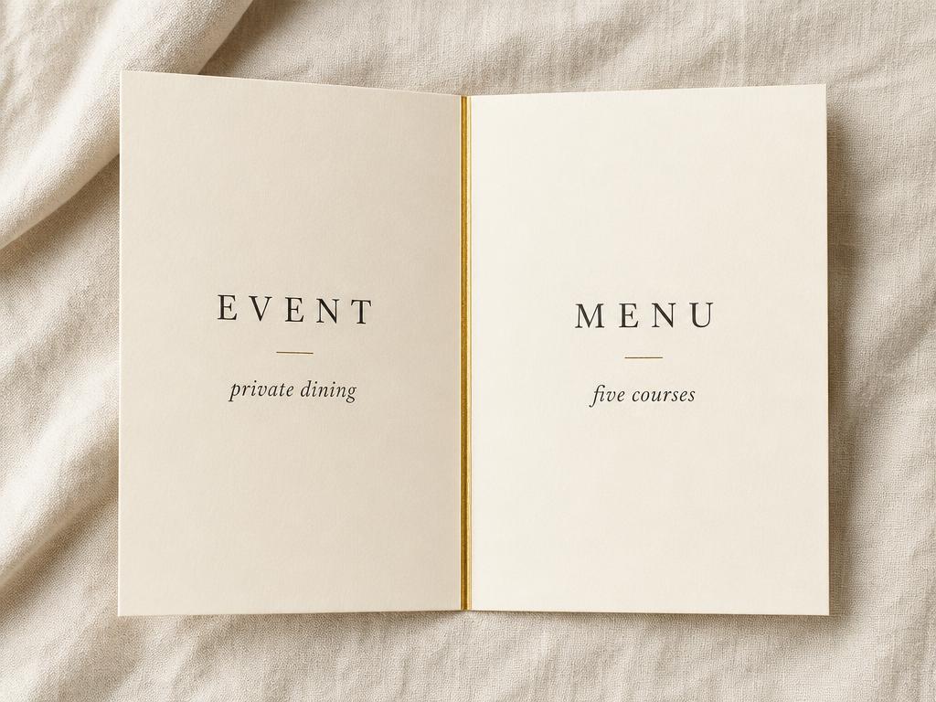 Half-open gatefold cream leaflet with a thin gold foil edge and charcoal headings reading Event and Menu