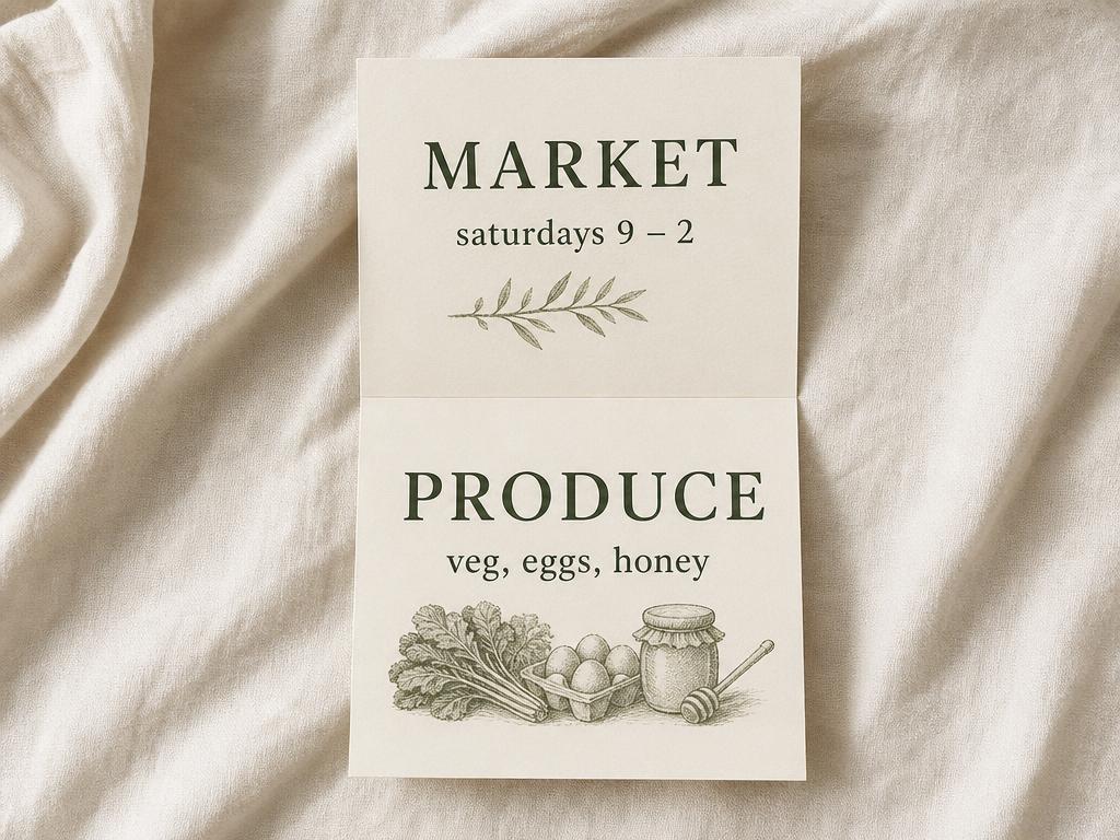 Single-fold cream flyer on linen with headings reading Market and Produce