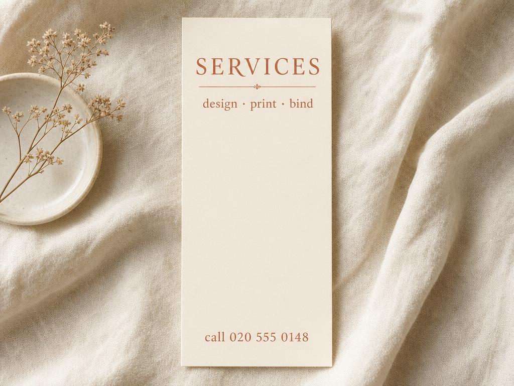 Tall cream take-one card on linen with terracotta heading reading Services and a phone footer