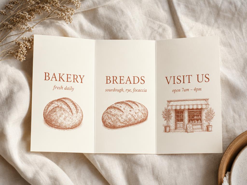 Open tri-fold cream leaflet on linen with terracotta serif headings reading Bakery, Breads and Visit Us
