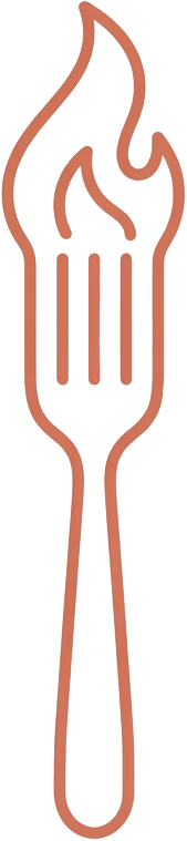 Minimalist terracotta logo of a fork whose top turns into a small flame