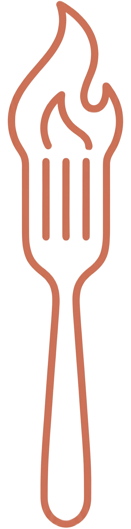 Minimalist terracotta logo of a fork whose top turns into a small flame
