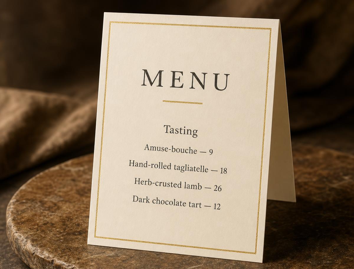 Elegant folded dinner menu on cream stock with gold foil edge stamping and charcoal serif headings