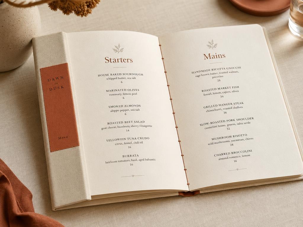 Opened bound menu book on cream linen with a terracotta hardcover spine and two pages of typeset dishes