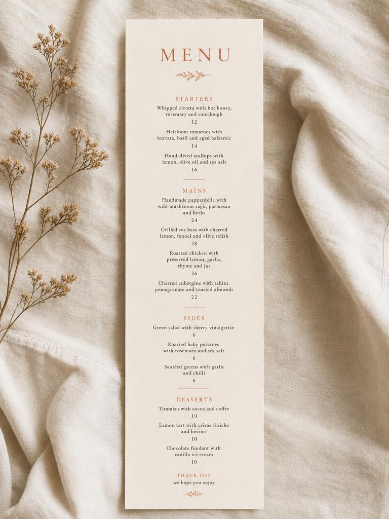Tall single-face long menu sheet on cream linen with a terracotta serif heading and one long column of dishes
