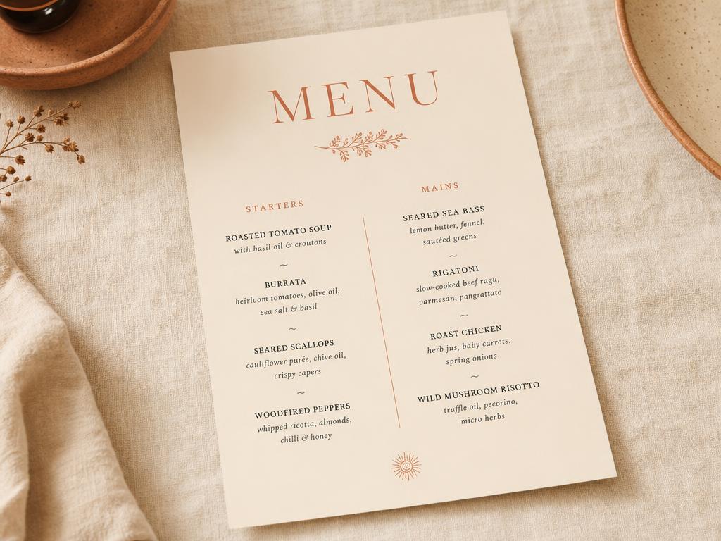 Single flat printed menu sheet lying on cream linen with a terracotta serif heading and two columns of dishes