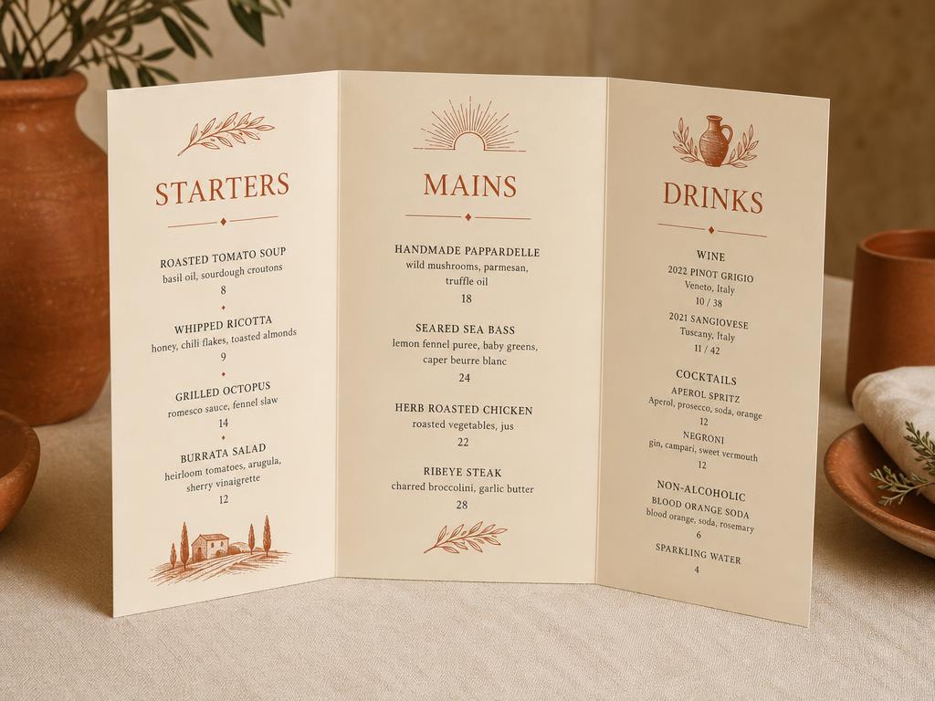 Three-face tri-fold menu card standing half-open showing three cream panels with terracotta serif headings