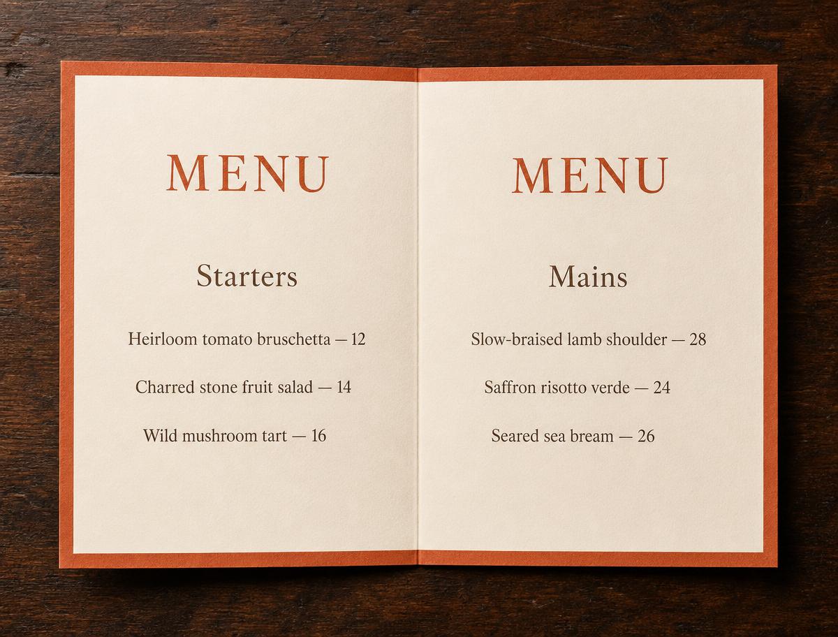 Open letterpress restaurant menu card with terracotta serif headings on cream cotton paper